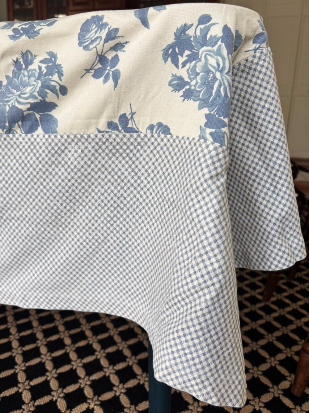 Vintage Guess Home Collection Tablecloth Blue Roses Plaid Edging Cotton Fabric
